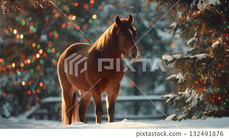 A brown horse stands in a snowy landscape, surrounded by evergreen trees adorned with colorful Christmas lights. The scene symbolizes the Chinese New Year of 2026. 132491876