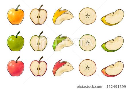 蘋果切套裝 | 手繪插畫素材（紅色、黃色、綠色） 蘋果切套裝 132491899