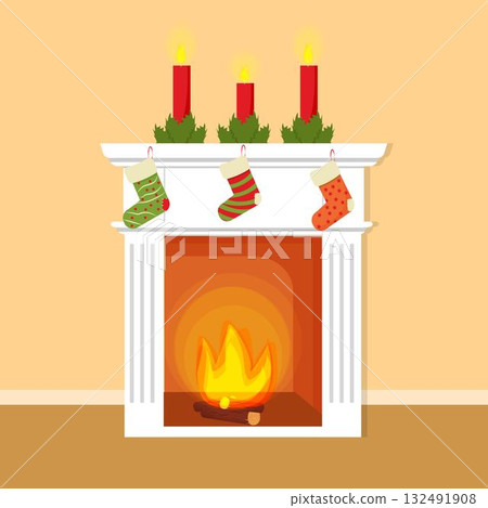 Christmas fireplace, decorative element, with socks for presents, candles. Bright, colorful and editable object stock vector illustration Christmas fireplace, decorative element, with socks for presents, candles. Bright, colorful and editable object stock vector illustration 132491908
