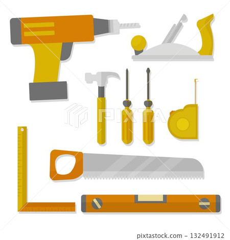 Collection of carpenter tools, equipment isolated on white background stock vector illustration. Objects in yellow and orange colours. Design of assortment 132491912