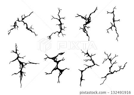 Crack concrete wall texture, floor ground broken effect. Horizontal breaks on land surface. Dry soil. Damaged by earthquake fissure and fracture. 132491916