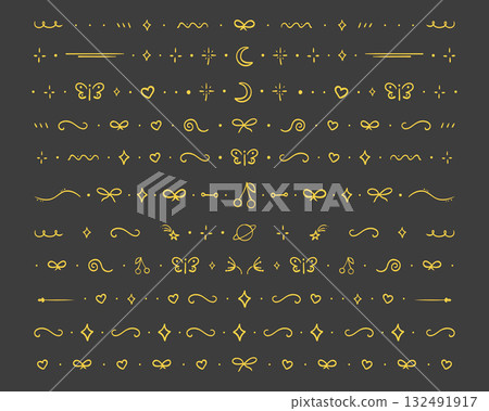 Line divider, cute border hand drawn elements separator. Set geometric doodle frames with bows, hearts, moon. Stars and geometric shapes. Lace horizontal decoration. Line divider, cute border hand drawn elements separator. Set geometric doodle frames with bows, hearts, moon. Stars and geometric shapes. Lace horizontal decoration. 132491917