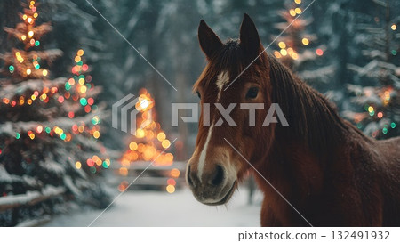 A brown horse stands in a snowy forest. Colorful Christmas lights adorn the trees, symbolizing the festive spirit of the New Year 2026. 132491932