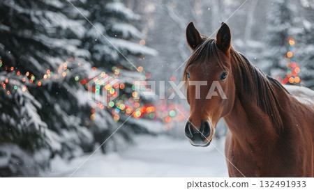A brown horse stands in a snowy landscape. Colorful lights adorn the trees in the background, symbolizing the New Year 2026 and Chinese culture. A brown horse stands in a snowy landscape. Colorful lights adorn the trees in the background, symbolizing the New Year 2026 and Chinese culture. 132491933