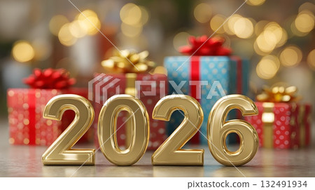 Golden numbers 2026 in front of colorful wrapped gifts. The background features soft bokeh lights, creating a festive atmosphere for New Year and Christmas celebrations. 132491934