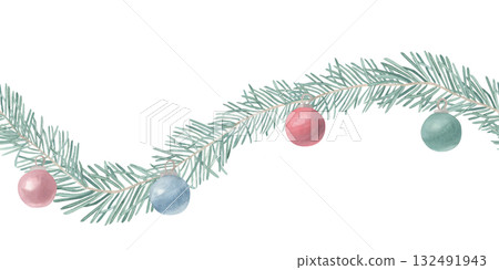 Watercolor seamless pattern New Year Christmas horizontal border with fir branches and Christmas balls. For invitations, cards, posters, seasonal decor, winter holidays poster, New year wrapping paper Watercolor seamless pattern New Year Christmas horizontal border with fir branches and Christmas balls. For invitations, cards, posters, seasonal decor, winter holidays poster, New year wrapping paper 132491943