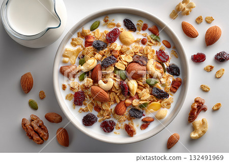 Resort breakfast. Top view of a tray of muesli in nuts on a bowl and milk jug on a white background. Classic breakfast. Resort breakfast. Top view of a tray of muesli in nuts on a bowl and milk jug on a white background. Classic breakfast. 132491969