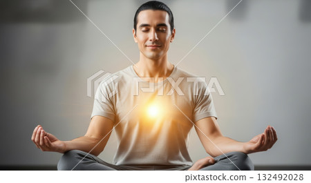 Young man practicing meditation in a serene environment, sitting cross-legged with a glowing light at his heart, embodying peace and mindfulness in a tranquil setting Young man practicing meditation in a serene environment, sitting cross-legged with a glowing light at his heart, embodying peace and mindfulness in a tranquil setting 132492028