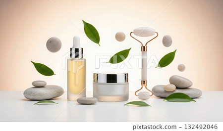 Skincare products including serum, cream, and facial roller arranged with smooth stones and green leaves, creating a serene and natural beauty atmosphere for wellness 132492046