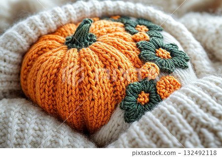 Eco-friendly craft. Crochet details of pumpkin pattern on a modern garment. Autumn atmosphere in clothes. Trending in fashion. Eco-friendly craft. Crochet details of pumpkin pattern on a modern garment. Autumn atmosphere in clothes. Trending in fashion. 132492118