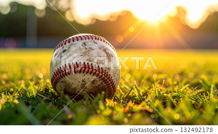 夕陽照射下的草地上的棒球 夕陽照射下的草地上的棒球 132492178