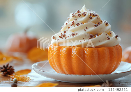 Restaurant gluten-free dessert. Pumpkin dessert in orange tones on a plate with soft lighting. Preparing for Halloween. Autumn atmosphere. Restaurant gluten-free dessert. Pumpkin dessert in orange tones on a plate with soft lighting. Preparing for Halloween. Autumn atmosphere. 132492231