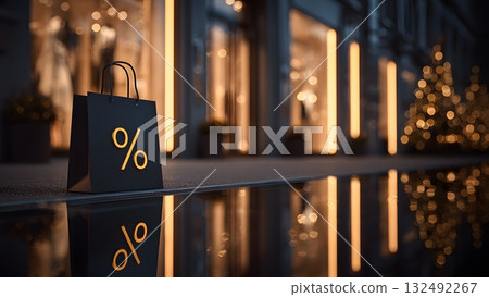 A black shopping bag with a percentage symbol stands on a reflective surface. Winter decorations and warm lights are visible in the background, indicating a sale atmosphere. A black shopping bag with a percentage symbol stands on a reflective surface. Winter decorations and warm lights are visible in the background, indicating a sale atmosphere. 132492267
