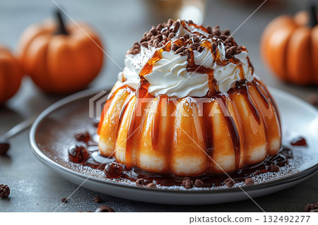 For influencers. Pumpkin dessert in orange tones on a plate with soft lighting. Preparing for Halloween. Autumn atmosphere. For influencers. Pumpkin dessert in orange tones on a plate with soft lighting. Preparing for Halloween. Autumn atmosphere. 132492277