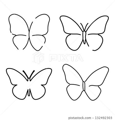 Minimal butterfly line art silhouette illustration symbolizing wellness, balance, natural beauty. Simple outline design for spa, mindfulness projects, relaxation graphics concepts. Vector illustration 132492303