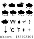 Weather icons set, symbols for sun, clouds, rain, snow, thunder, temperature and forecast design, perfect for apps, UI, infographics, climate, meteorology projects. Vector illustration 132492304