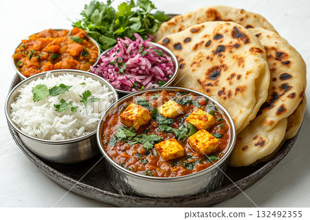 Indian Tiffin lunch box. Traditional Indian stainless steel tiffin with rice, dal, paneer curry and naan bread. 132492355