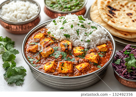 Indian Tiffin lunch box. Traditional Indian stainless steel tiffin with rice, dal, paneer curry and naan bread. 132492356