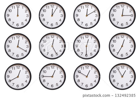 Collection of twelve round wall clocks showing 00:00 to 00:55 or 12:00 to 12:55, isolated on white background. Concept of time management, global time zones, scheduling, and business planning. Collection of twelve round wall clocks showing 00:00 to 00:55 or 12:00 to 12:55, isolated on white background. Concept of time management, global time zones, scheduling, and business planning. 132492385
