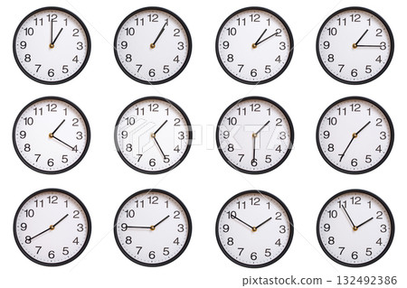 Collection of twelve round wall clocks showing 01:00 to 01:55 or 13:00 to 13:55, isolated on white background. Concept of time management, global time zones, scheduling, and business planning. Collection of twelve round wall clocks showing 01:00 to 01:55 or 13:00 to 13:55, isolated on white background. Concept of time management, global time zones, scheduling, and business planning. 132492386