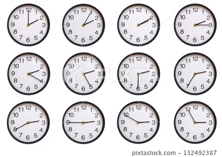 Collection of twelve round wall clocks showing 02:00 to 02:55 or 14:00 to 14:55, isolated on white background. Concept of time management, global time zones, scheduling, and business planning. Collection of twelve round wall clocks showing 02:00 to 02:55 or 14:00 to 14:55, isolated on white background. Concept of time management, global time zones, scheduling, and business planning. 132492387