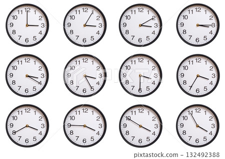 Collection of twelve round wall clocks showing 03:00 to 03:55 or 15:00 to 15:55, isolated on white background. Concept of time management, global time zones, scheduling, and business planning. Collection of twelve round wall clocks showing 03:00 to 03:55 or 15:00 to 15:55, isolated on white background. Concept of time management, global time zones, scheduling, and business planning. 132492388