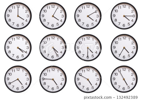 Collection of twelve round wall clocks showing 04:00 to 04:55 or 16:00 to 16:55, isolated on white background. Concept of time management, global time zones, scheduling, and business planning. Collection of twelve round wall clocks showing 04:00 to 04:55 or 16:00 to 16:55, isolated on white background. Concept of time management, global time zones, scheduling, and business planning. 132492389