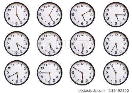 Collection of twelve round wall clocks showing 05:00 to 05:55 or 17:00 to 17:55, isolated on white background. Concept of time management, global time zones, scheduling, and business planning. Collection of twelve round wall clocks showing 05:00 to 05:55 or 17:00 to 17:55, isolated on white background. Concept of time management, global time zones, scheduling, and business planning. 132492390