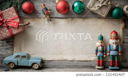 Holiday decorations with nutcracker figures, vintage car, and wrapped gift on rustic wooden table Holiday decorations with nutcracker figures, vintage car, and wrapped gift on rustic wooden table 132492407