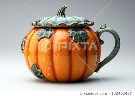 Ceramic cup with lid in shape of a orange pumpkin in a rustic style on a white background. 132492437