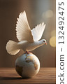 A white dove with outstretched wings stands on a globe, symbolizing peace and pacifism. The scene conveys a message of harmony and unity on September 21. 132492475