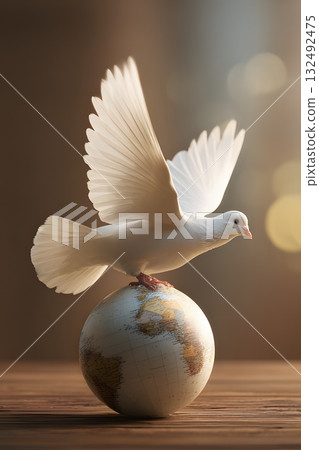 A white dove with outstretched wings stands on a globe, symbolizing peace and pacifism. The scene conveys a message of harmony and unity on September 21. 132492475
