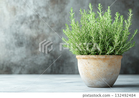 Potted rosemary plant with needle-like leaves on a white background. Herb in pot. Potted rosemary plant with needle-like leaves on a white background. Herb in pot. 132492484