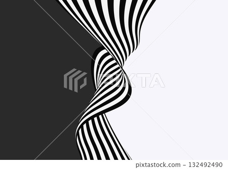 Curved optical illusion design with twisting vertical black and white lines over light and dark contrasting halves, creating a dynamic wave effect. 132492490