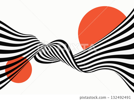 Minimalist black and white wavy lines with red circular accents in a dynamic, abstract design inspired by optical illusions 132492491