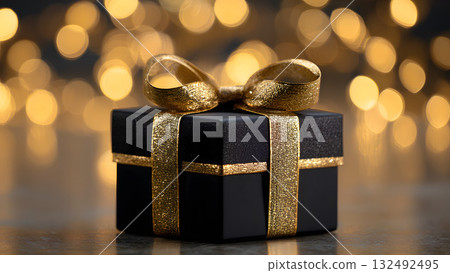 A small black gift box with a gold ribbon and bow. The background features soft, blurred golden lights, creating a festive atmosphere for holidays. 132492495