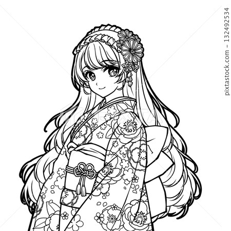 Anime-style coloring book illustration of a girl wearing a kimono 132492534