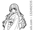 身穿和服的女孩的動漫風格彩色書插圖 132492535