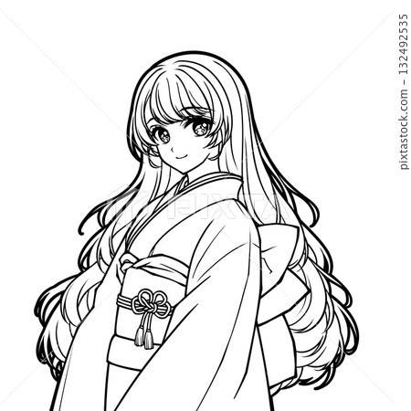 身穿和服的女孩的動漫風格彩色書插圖 身穿和服的女孩的動漫風格彩色書插圖 132492535