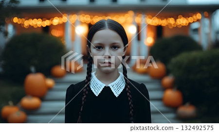 A young girl with long dark hair and braids stands in front of a house decorated for Halloween. Orange pumpkins and string lights create a festive atmosphere. 132492575