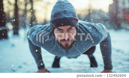 Man doing push-ups in snowy landscape during winter morning 132492604