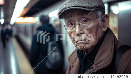 Elderly man waits at subway station, looking pensively into the distance during a quiet afternoon in a bustling city Elderly man waits at subway station, looking pensively into the distance during a quiet afternoon in a bustling city 132492619