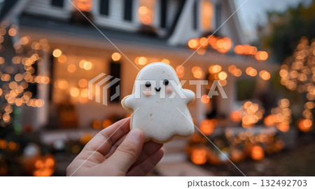 A hand holds a ghost-shaped gingerbread cookie. The background features a decorated house with Halloween lights and pumpkins. The scene is festive and colorful. 132492703