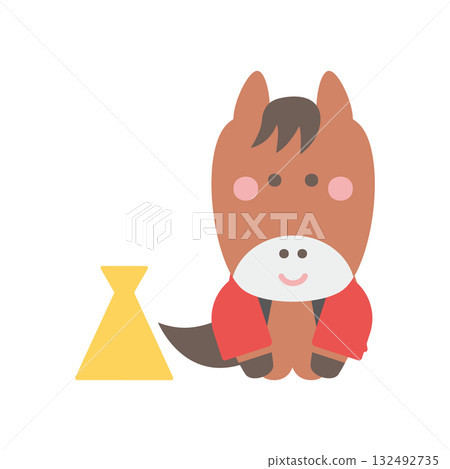 Cute horse character illustration in a happi coat greeting with a megaphone 132492735