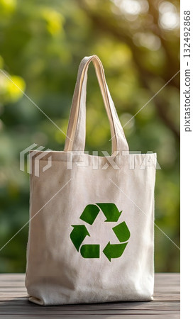 A reusable canvas bag with a green recycling symbol rests on a wooden table. The background features blurred greenery, emphasizing sustainability and eco-friendliness. 132492868