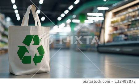A reusable shopping bag with a green recycling symbol sits on a tiled floor in a grocery store. The background features shelves stocked with various products. 132492872