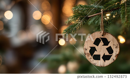 A wooden ornament with a recycling symbol hangs from a Christmas tree branch. The background features soft, warm lights, creating a festive atmosphere. 132492873