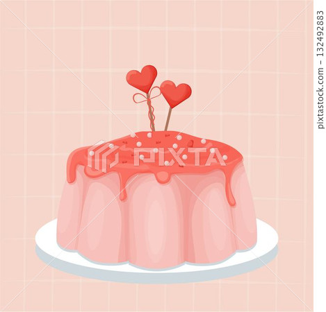 Pink tasty glazed pudding, confectionery dessert, holiday menu on pink abstract background. Poster, banner with heart shape decoration. Pink tasty glazed pudding, confectionery dessert, holiday menu on pink abstract background. Poster, banner with heart shape decoration. 132492883