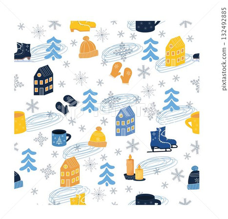 Bright Christmas winter hygge seamless pattern on white background, cozy elements, ornamental objects. Seasonal design, trendy, fashion. Bright Christmas winter hygge seamless pattern on white background, cozy elements, ornamental objects. Seasonal design, trendy, fashion. 132492885