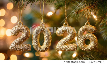 Golden glittery numbers 2026 hang from a Christmas tree branch. Soft bokeh lights create a festive atmosphere, symbolizing the New Year celebration. 132492915
